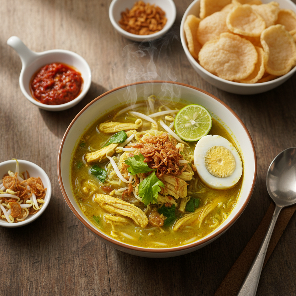 Semangkuk soto ayam dengan suwiran ayam, bihun, telur, dan taburan bawang goreng, dilengkapi sambal serta kerupuk di atas meja kayu.