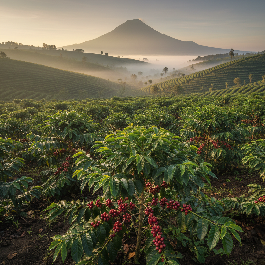 Kebun kopi di lereng gunung di Jawa dengan barisan tanaman kopi dan buah kopi merah di pagi hari.
