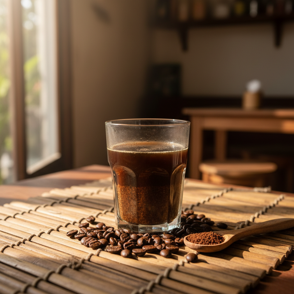Secangkir kopi khas Indonesia di atas anyaman bambu dengan biji kopi dan sendok kayu di dekatnya.