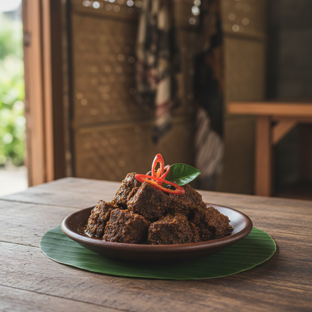 Sepiring rendang daging berwarna cokelat pekat dengan kuah santan kental di atas piring putih dan alas daun pisang.
