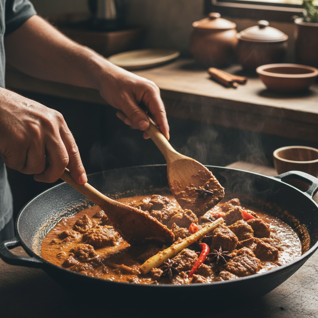 Tangan sedang mengaduk rendang di dalam wajan hitam dengan kuah santan yang mengental dan potongan daging sapi.