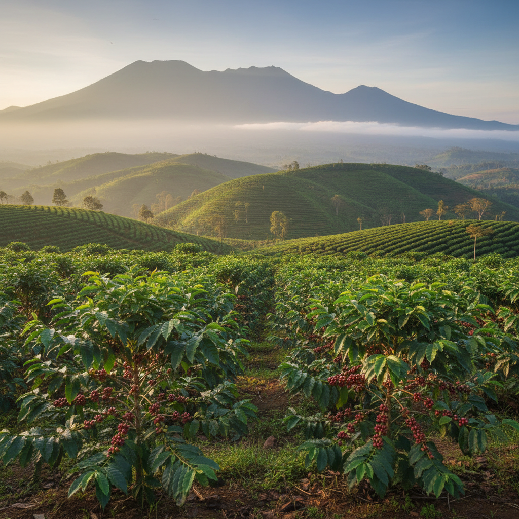 Perkebunan kopi arabika di Dataran Tinggi Gayo dengan latar pegunungan berkabut.